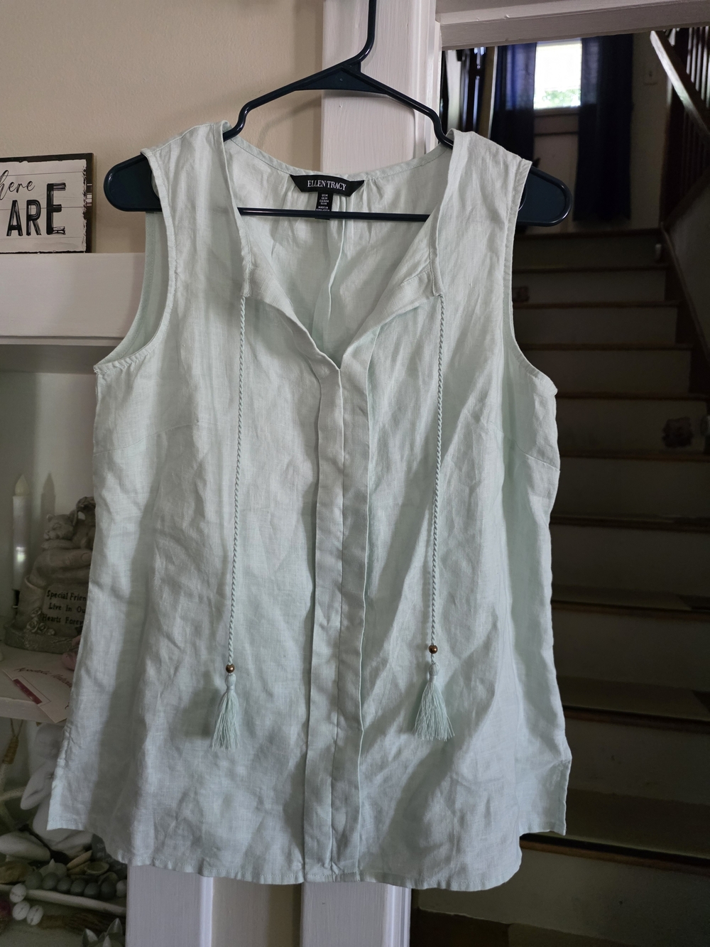 Ellen Tracy Light Mint Sleeveless Linen Tie-Front Top